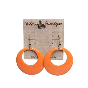 Classic Design Orange Dangle Hoop Metal Hook Earrings 1.5 Inches On Card